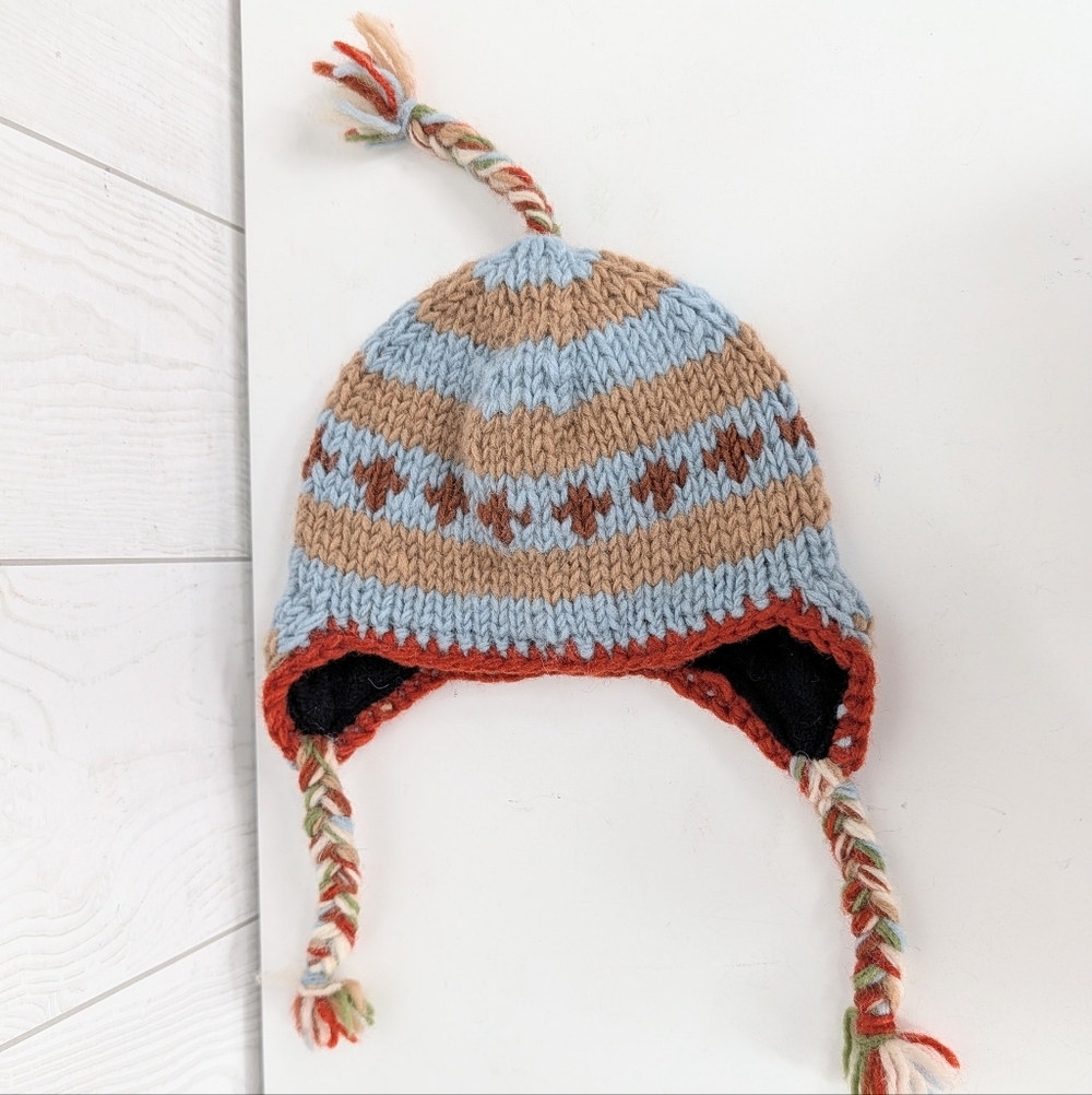 Infant Wool Hat with Fleece Lining  Tan and Blue Stripes Tassle Ear Flaps Braids